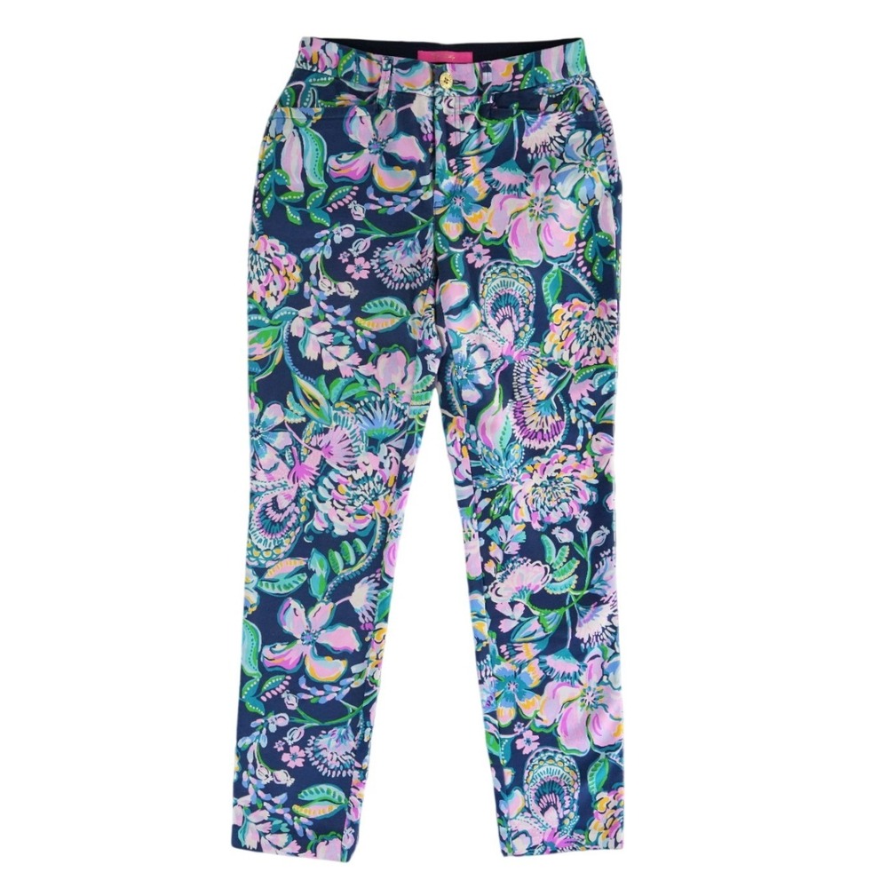 Lilly Pulitzer Kelly Ankle Pants Floral Navy Blue Pink Green Slim Fit Size‎ 2